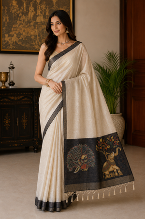 Chanderi Cotton Saree for Women | Cream & Black Traditional Printed Saree with Tassel Pallu