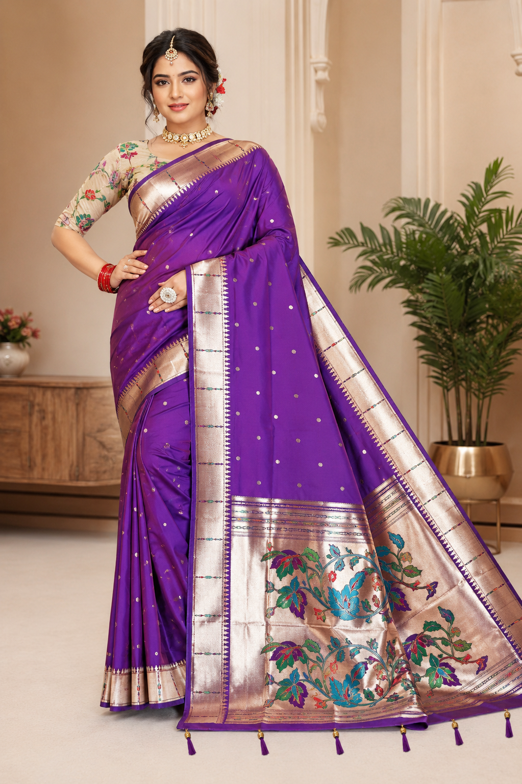 Muniya Paithani Saree – Royal Purple with Traditional Floral Pallu