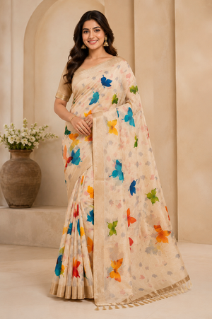 Chanderi Silk Cream Colour Cotton Saree with Multicolor Butterfly Print & Tassels