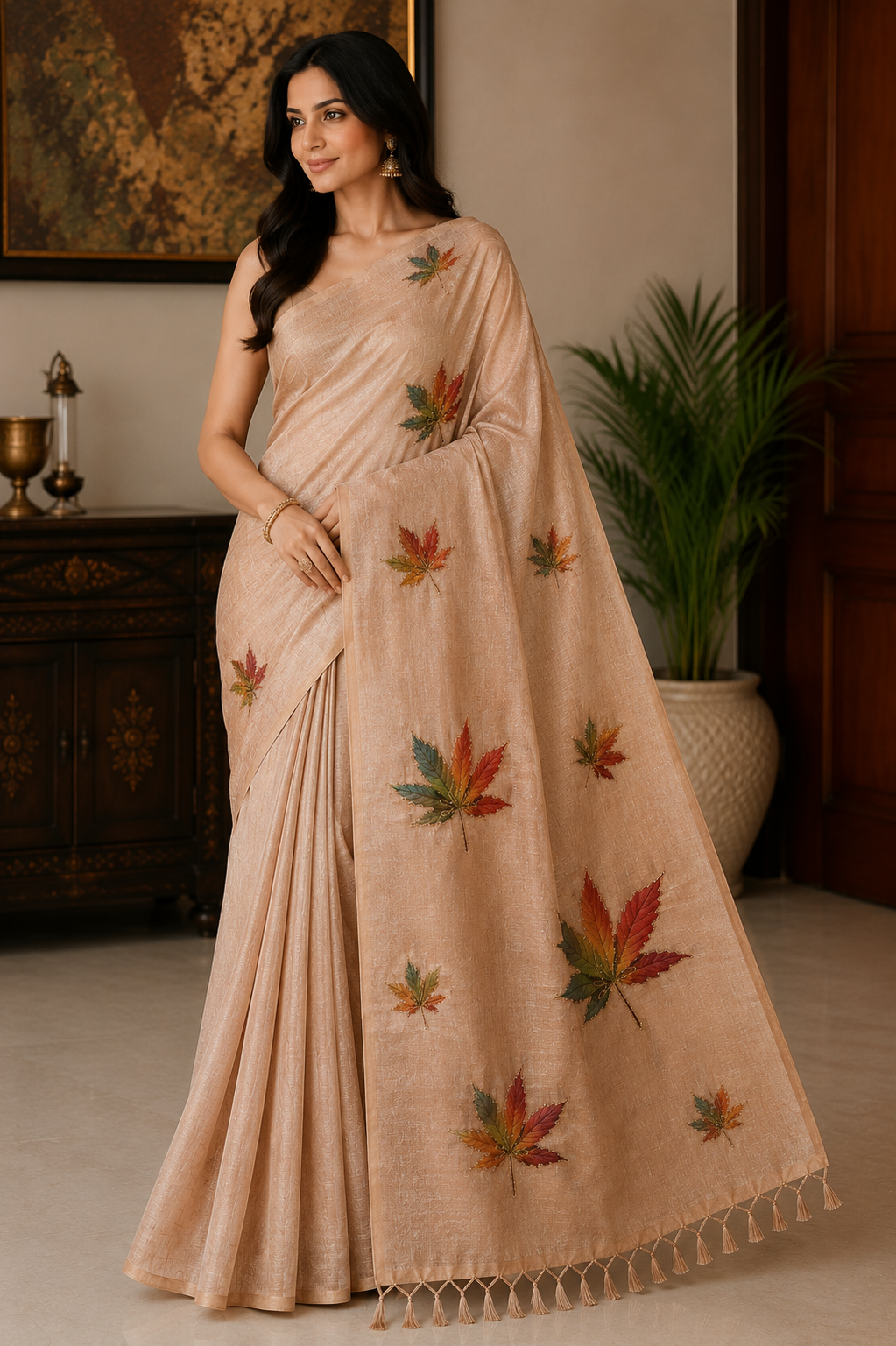 Peach Chanderi Cotton Saree with Multicolour Leaf Print & Tassel Pallu