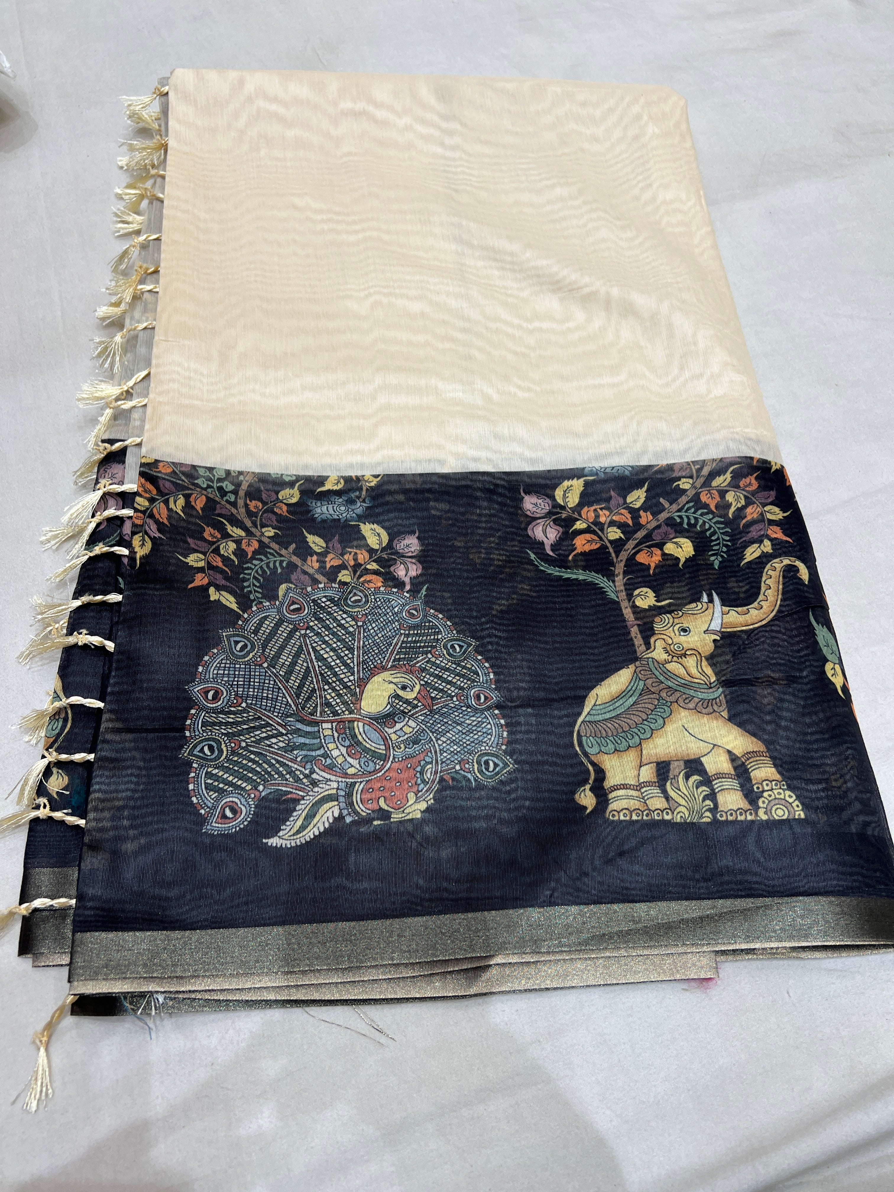 Chanderi Cotton Saree for Women | Cream & Black Traditional Printed Saree with Tassel Pallu