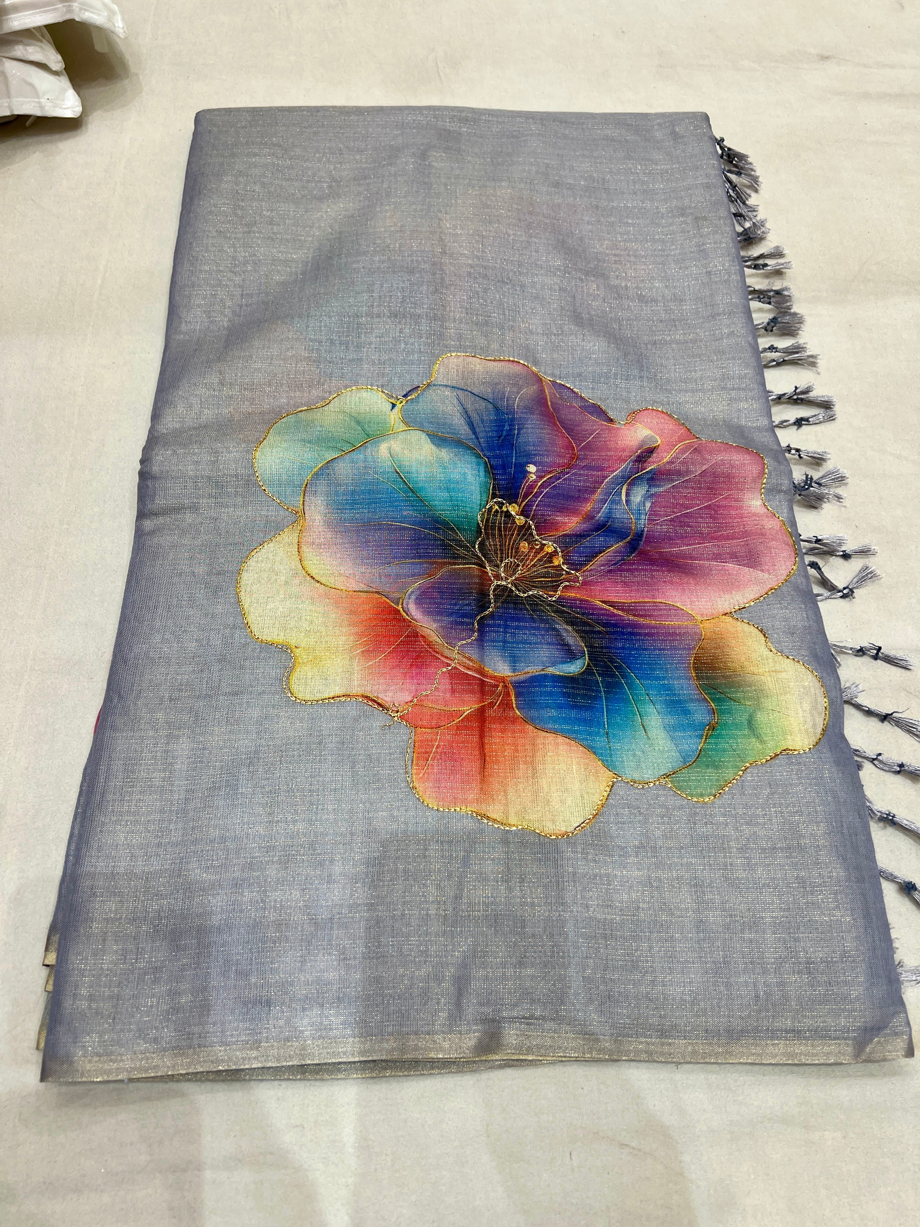 Grey Linen Silk Saree with Multicolour Floral Print Design & Tassel Pallu