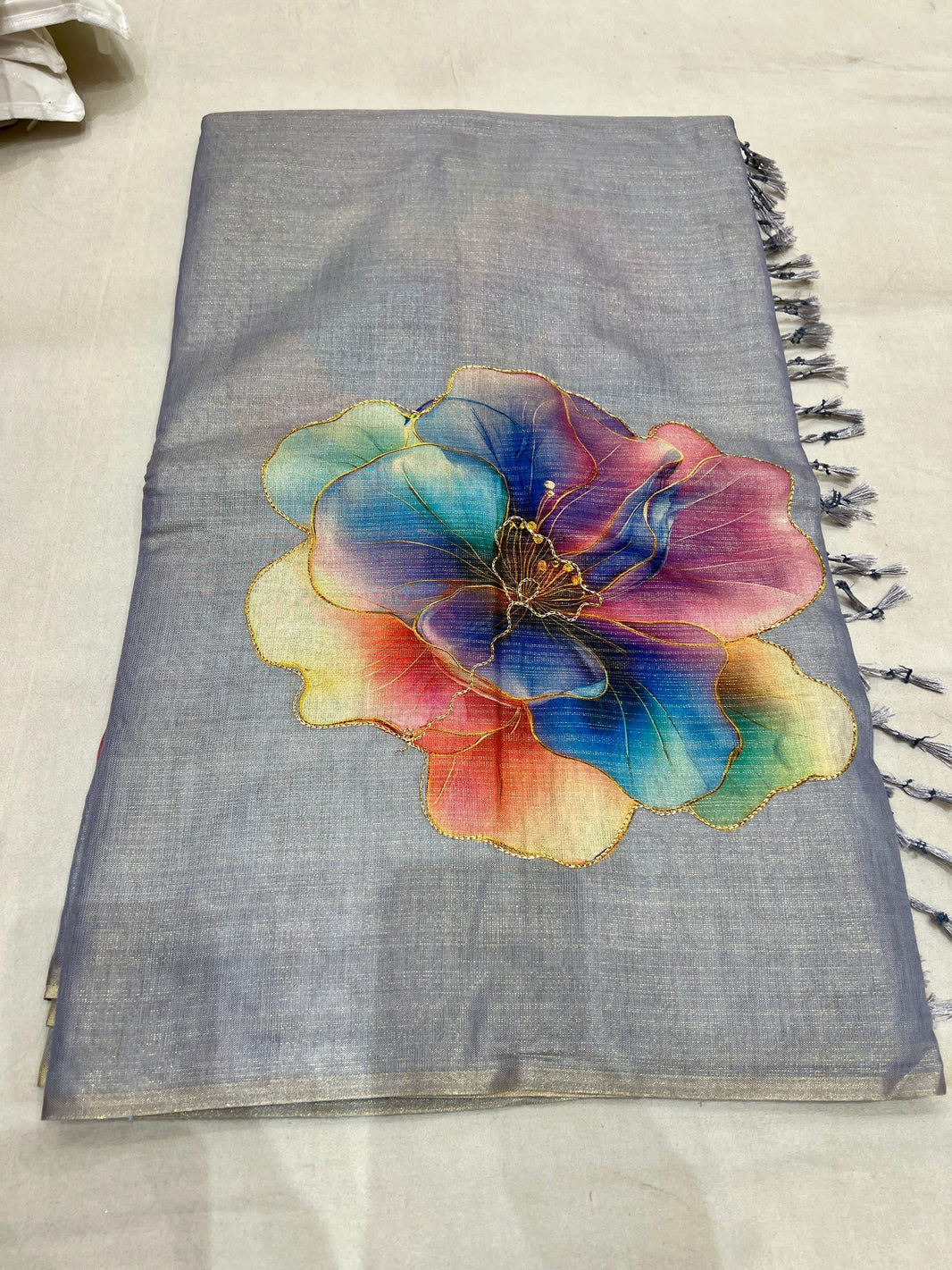 Grey Linen Silk Saree with Multicolour Floral Print Design & Tassel Pallu