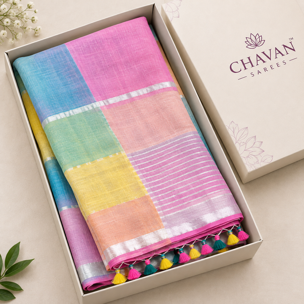 Candy Cane Checkerd Linen Saree