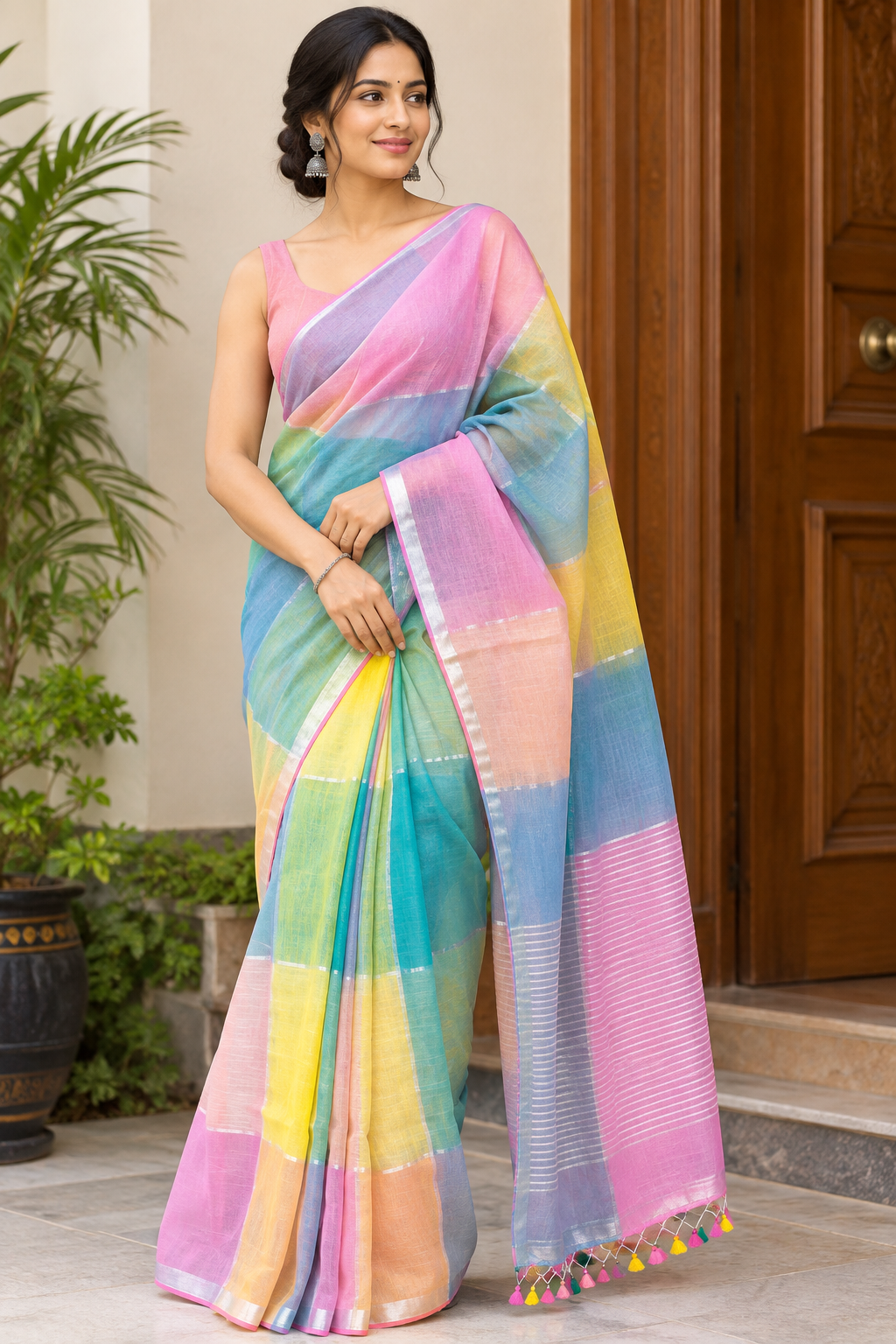 Candy Cane Checkerd Linen Saree