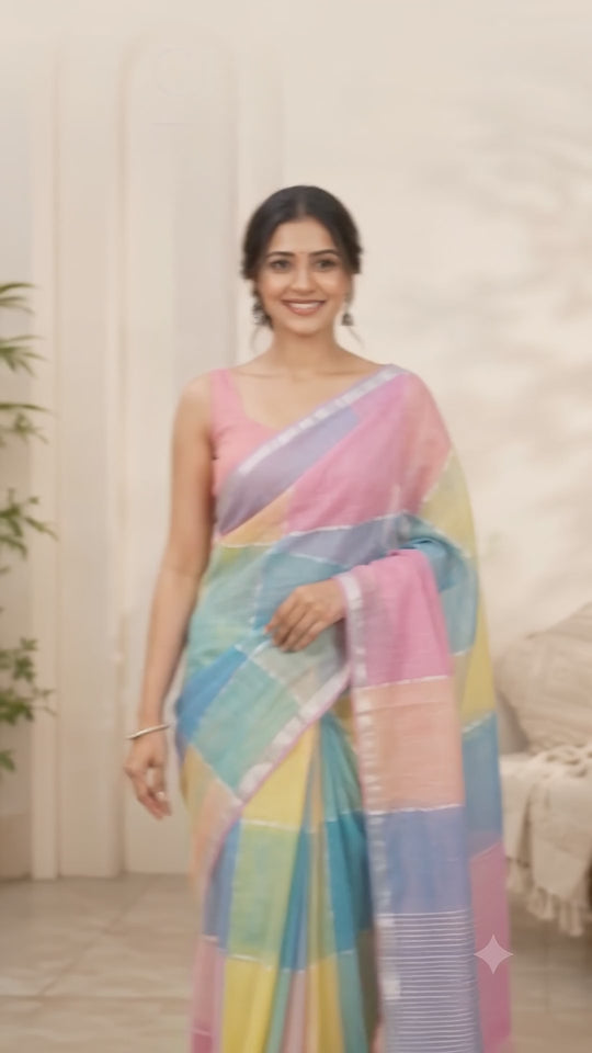 Candy Cane Checkerd Linen Saree