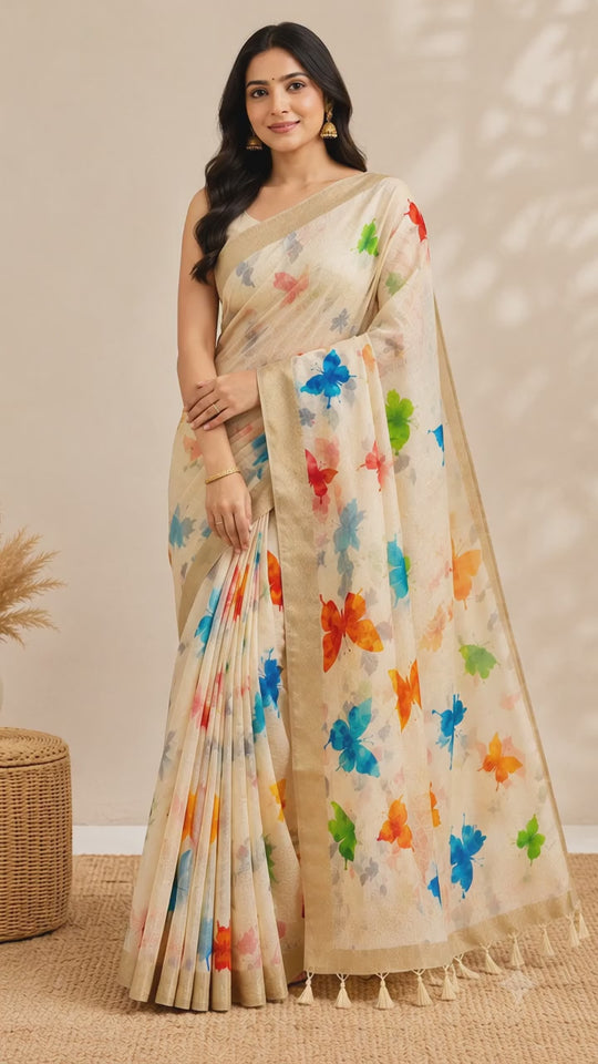 Chanderi Silk Cream Colour Cotton Saree with Multicolor Butterfly Print & Tassels
