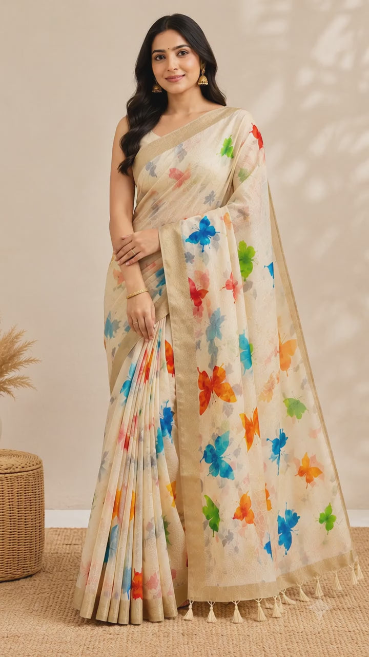 Chanderi Silk Cream Colour Cotton Saree with Multicolor Butterfly Print & Tassels