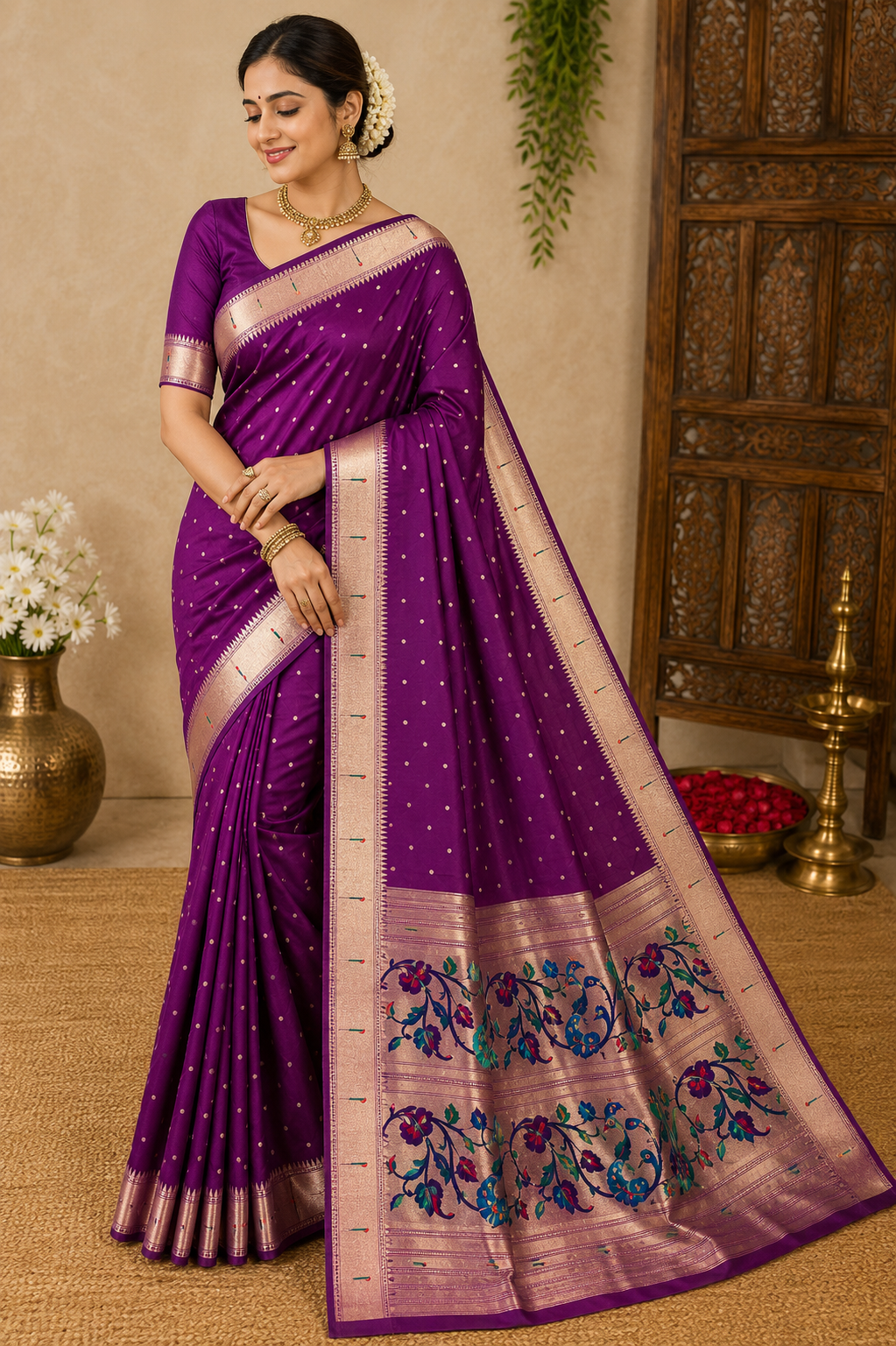 Muniya Paithani Saree with Multicolour Floral Pallu