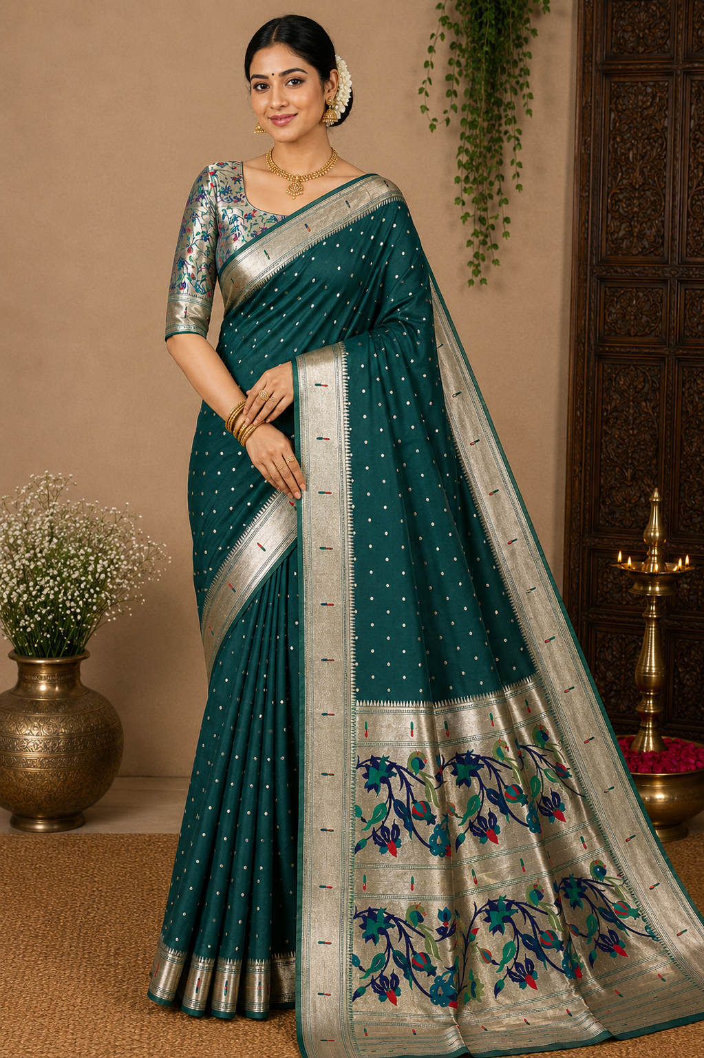 Muniya Paithani Saree with Multicolour Floral Pallu