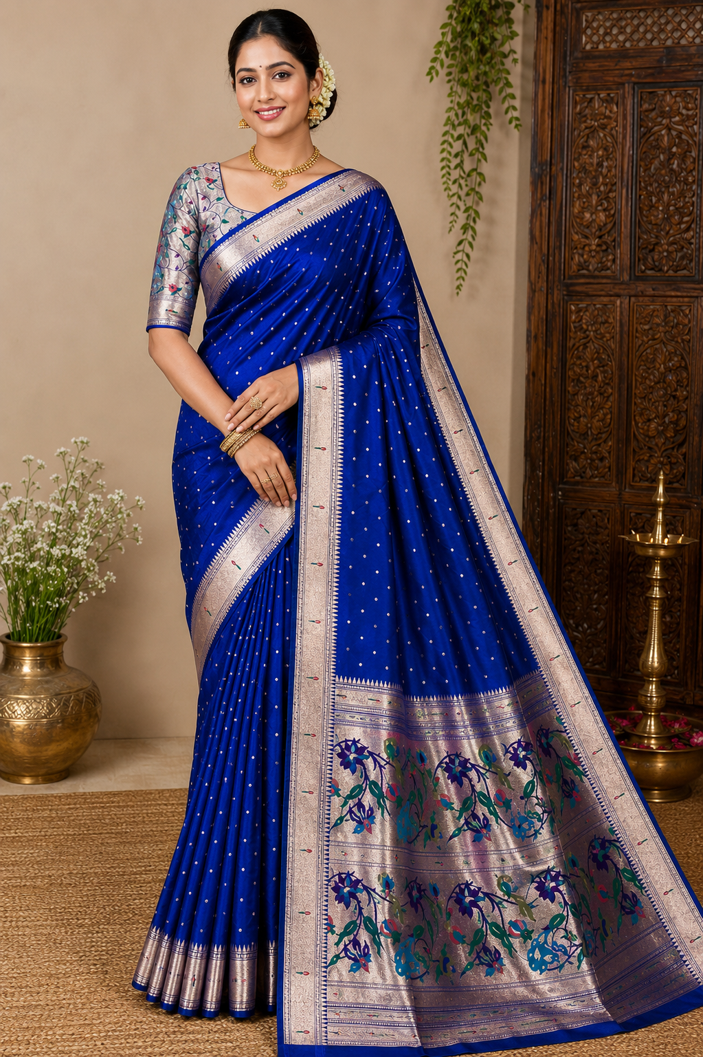 Muniya Paithani Saree with Multicolour Floral Pallu