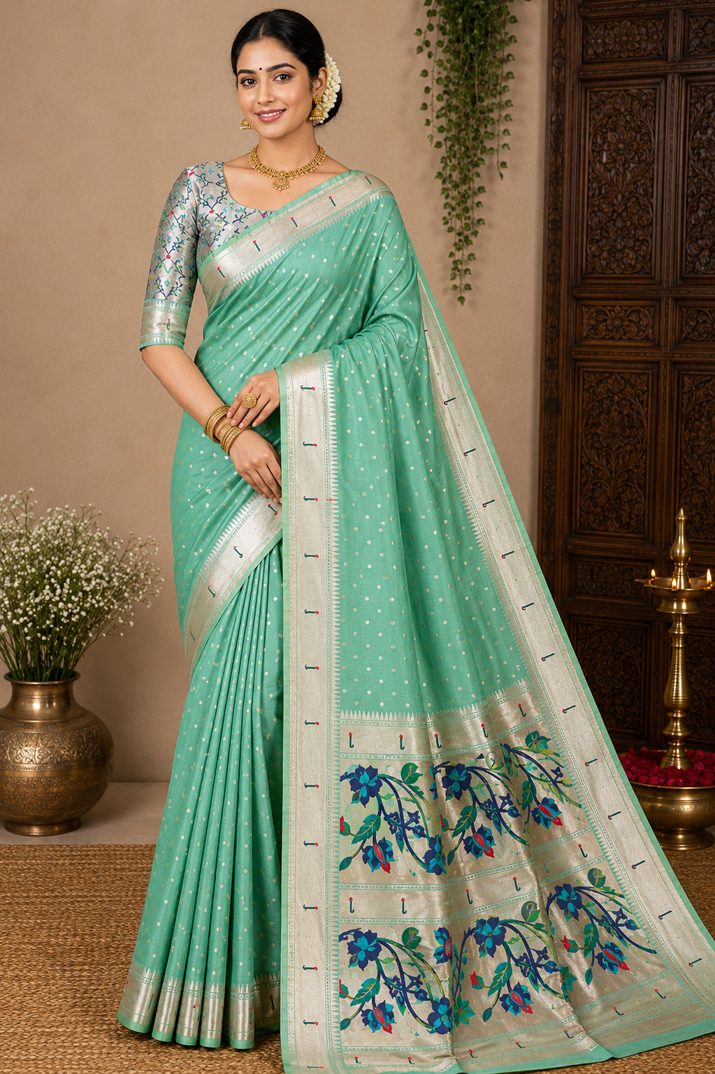 Muniya Paithani Saree with Multicolour Floral Pallu