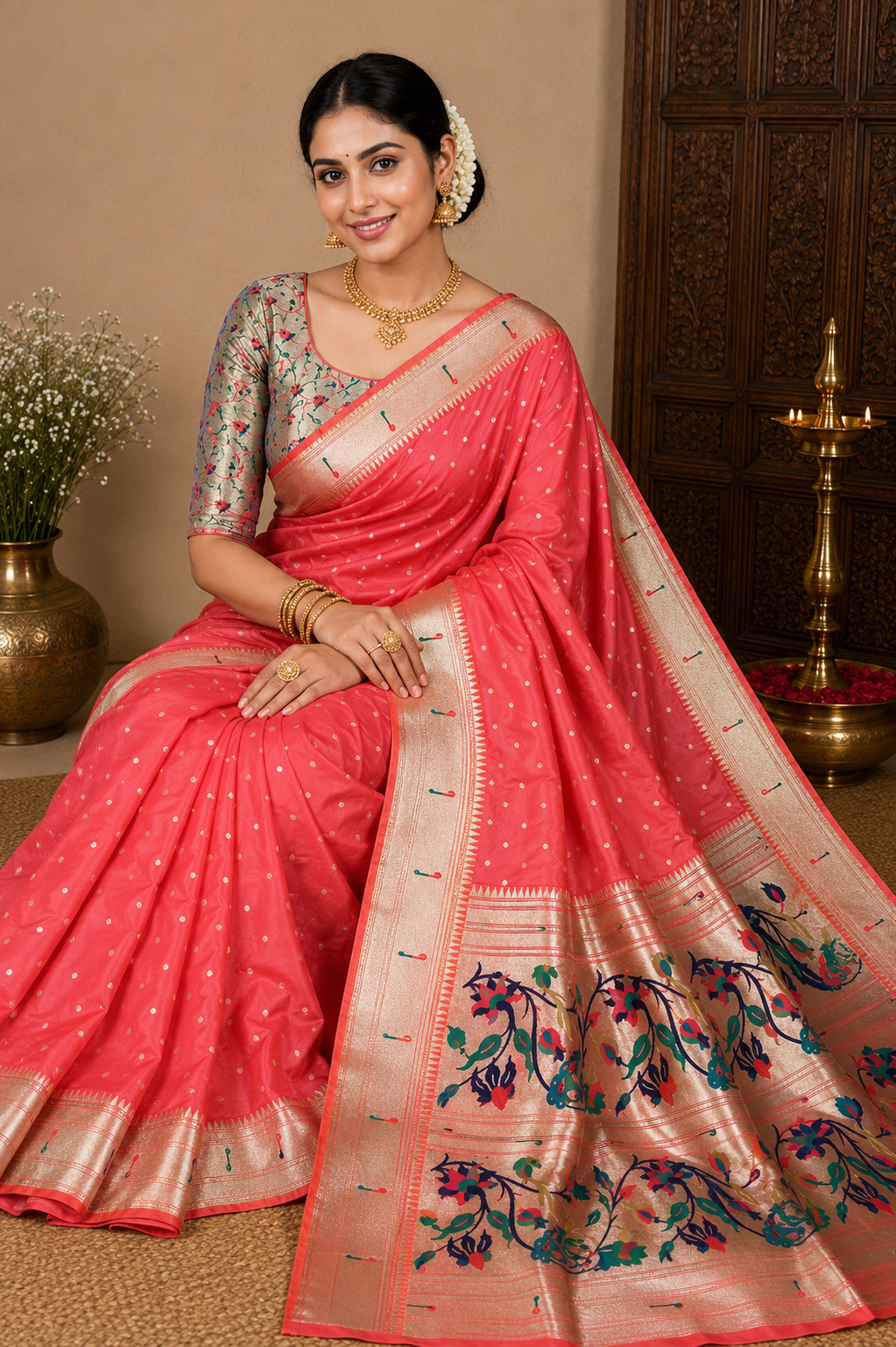 Muniya Paithani Saree with Multicolour Floral Pallu