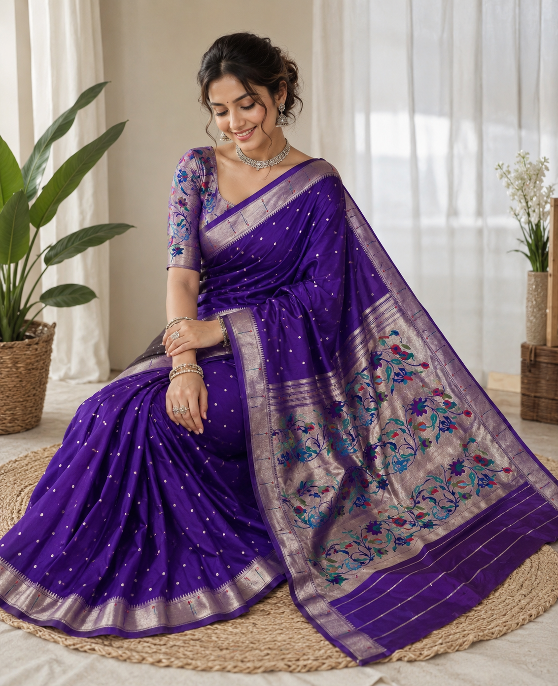 Muniya Paithani Saree with Multicolour Floral Pallu